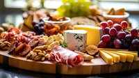 Gourmet charcuterie board with assorted meats, cheeses, fresh grapes, figs, nuts and orange juice served on wooden platter for entertaining and parties.