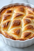 Freshly baked dinner rolls in white ceramic baking dish with golden brown crusty top, showing soft buttery texture and diamond pattern scoring on surface.