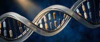 DNA double helix structure with metallic finish on dark blue background. Scientific genetics concept for medical research, biotechnology and molecular biology studies.