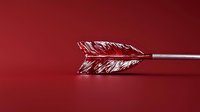 Metallic silver arrow head with detailed feather texture against deep red background, minimalist composition highlighting precision and direction. Suitable for business concepts.