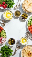 Mediterranean appetizer spread with hummus, olives, fresh vegetables, pita bread and herbs arranged on white marble surface for healthy dining and entertaining.