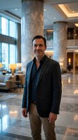 Confident middle-aged Caucasian businessman in smart casual attire standing in elegant hotel lobby with marble columns and modern interior design.