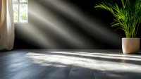 Dramatic sunlight beams through window casting shadows on dark floor, minimalist room interior with potted palm plant and curtain, moody atmosphere.