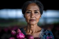 Senior Asian woman holding fresh pink lotus flowers with gentle smile, wearing traditional floral pattern dress against dark background, authentic portrait showing wisdom and grace.