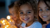 Smiling mixed-race child with curly hair illuminated by warm fairy lights at evening celebration, creating magical holiday atmosphere.