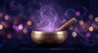 Tibetan singing bowl with wooden mallet emitting purple mystical smoke against starry night sky with bokeh lights for meditation and spiritual healing practices.