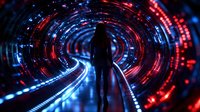 Silhouette of person standing in futuristic tunnel with spiral light effects in red and blue neon colors creating dynamic circular perspective and motion blur.