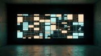 Illuminated modular wall installation with geometric grid pattern featuring light boxes in cream, black, and turquoise tones creating contemporary art display in dark interior space.