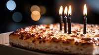 Homemade cheesecake with lit birthday candles on dark background with bokeh lights, closeup view of creamy dessert texture and warm candlelight glow.