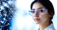 Young Asian woman wearing protective glasses against futuristic network visualization background representing digital transformation and AI technology.