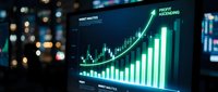 Financial growth chart with green upward trending arrow and bar graphs on digital screen showing profit increasing analytics dashboard.