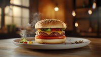 Steaming hot cheeseburger with melted cheese, fresh vegetables and sesame bun on white plate against dark restaurant background with bokeh lights.