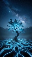 Mystical tree with glowing roots under starry night sky and milky way galaxy. Surreal fantasy landscape with luminous blue energy patterns flowing from ancient tree.