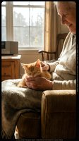 Senior man with gray hair and beard, wearing a beige cardigan, gently petting an orange tabby cat on his lap while sitting in a cozy armchair by a window with golden curtains.