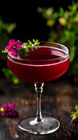 Red craft cocktail in coupe glass garnished with pink flower and herbs on dark wooden surface. Moody bar photography with natural lighting and bokeh background.