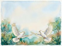 Two white doves flying toward each other among autumn foliage and watercolor trees, symbolizing peace, love, and harmony. Isolated on white background for design use.