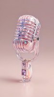 Translucent glass vintage microphone with pink and purple reflections against soft pink background for music and entertainment concepts.