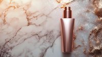 Luxurious rose gold cosmetic bottle mockup on marble background with copper powder splash. Premium skincare packaging design concept for beauty industry.