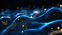 Glowing blue wave pattern with golden particles on dark background creates dynamic digital landscape effect, modern technology concept for business presentations.