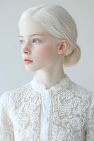 Young Caucasian woman with platinum blonde hair in elegant updo wearing vintage white lace high-neck blouse, looking away pensively against light background. Ethereal beauty portrait.