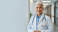 Confident mature female doctor with gray hair and stethoscope smiling in modern hospital corridor, representing healthcare professionalism and medical expertise.