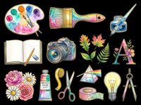 Watercolor art supplies collection with palette, brushes, camera, notebook, flowers, scissors, paint tube, compass, lightbulb, and tape isolated on transparent background. Ready for t-shirt designs, clipart, stickers, and print-on-demand products.