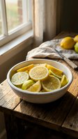Fresh lemon slices arranged in ceramic bowl on rustic wooden table by sunny window. Natural morning light creates warm atmosphere for healthy cooking.