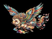 Colorful winged hedgehog creature with ornate feathers and decorative patterns, isolated on transparent background. Ready for t-shirt design, stickers, clipart, sublimation, and print-on-demand products.