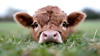 Young brown Highland calf with bright blue eyes peering over grass, close-up portrait showing curious expression and fuzzy head in natural farm setting.