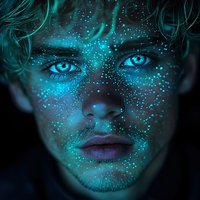 Mesmerizing close-up portrait with glowing turquoise dots scattered across face creating magical ethereal effect against dark background, illuminating bright blue eyes.