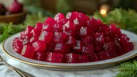 Vibrant cubes of beetroot jelly dessert arranged on elegant white plate with gold rim, festive holiday table setting with pine branches.