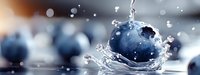 Fresh blueberry splashing into clear water with dynamic droplets and crown splash effect against soft blurred background.