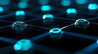 Glowing turquoise network nodes interconnected on dark surface create futuristic technology pattern with selective focus and depth of field effect.