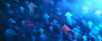 Glowing blue and red arrows moving upward against dark background, representing financial growth, success, and market trends in business visualization.