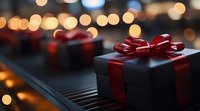 Wrapped black gift boxes with red ribbons arranged on wooden surface with warm bokeh lights in background, suitable for holiday marketing and seasonal promotions.