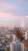 Hand touching glass window with cityscape view during sunset, person wearing smartwatch overlooking urban skyline from high-rise building at dusk.