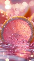 Fresh grapefruit slice in sparkling water with rising bubbles and droplets against pink bokeh background, macro photography showing refreshing citrus detail.