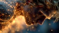 Dramatic profile of woman with glowing golden particles and light effects creating ethereal atmosphere for creative fantasy projects.