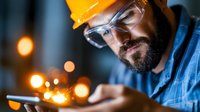 Bearded construction worker in protective gear focusing on welding task with bright sparks flying, wearing safety glasses and hardhat in industrial setting.