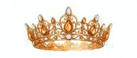 Golden royal crown with ornate decorative elements and gemstones isolated on transparent background for luxury design projects and regal themed artwork.
