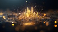 Glowing golden city skyline with luminous particles and bokeh effects against dark background creates magical urban landscape with floating light orbs.
