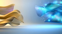Abstract flowing waves in gold and blue colors with glowing particles and light effects create dynamic modern background composition on gradient surface.