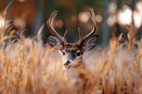 Young buck with antlers looking alert in golden autumn wheat field during sunset, soft bokeh background creates dreamy wildlife scene.
