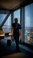 Mature male professional in dark business suit standing with arms crossed in modern high-rise office, gazing at cityscape through floor-to-ceiling windows at dusk with illuminated buildings below.