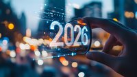 Futuristic augmented reality display showing year 2026 with finger touch interaction against blurred urban cityscape with bokeh lights and digital network effects.
