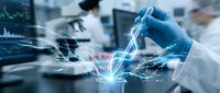 Medical researcher in blue gloves conducting laboratory experiment with digital data visualization and scientific analysis in modern research facility.