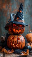 Glowing carved pumpkins stacked with witch hat and autumn leaves on rustic wooden surface against moody dark background, illuminated jack o lantern faces.