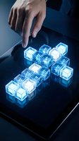 Man's hand touching glowing digital cubes on tablet screen, representing data management, cloud computing, and technology innovation for business solutions.