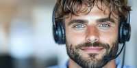 Young Caucasian male customer service representative with blue eyes, beard and headset smiling while working in call center office. Professional portrait with blurred background.