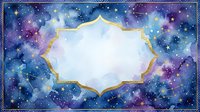 Watercolor galaxy background with gold ornate frame, stars and constellations on deep blue purple cosmic sky, copy space for text.